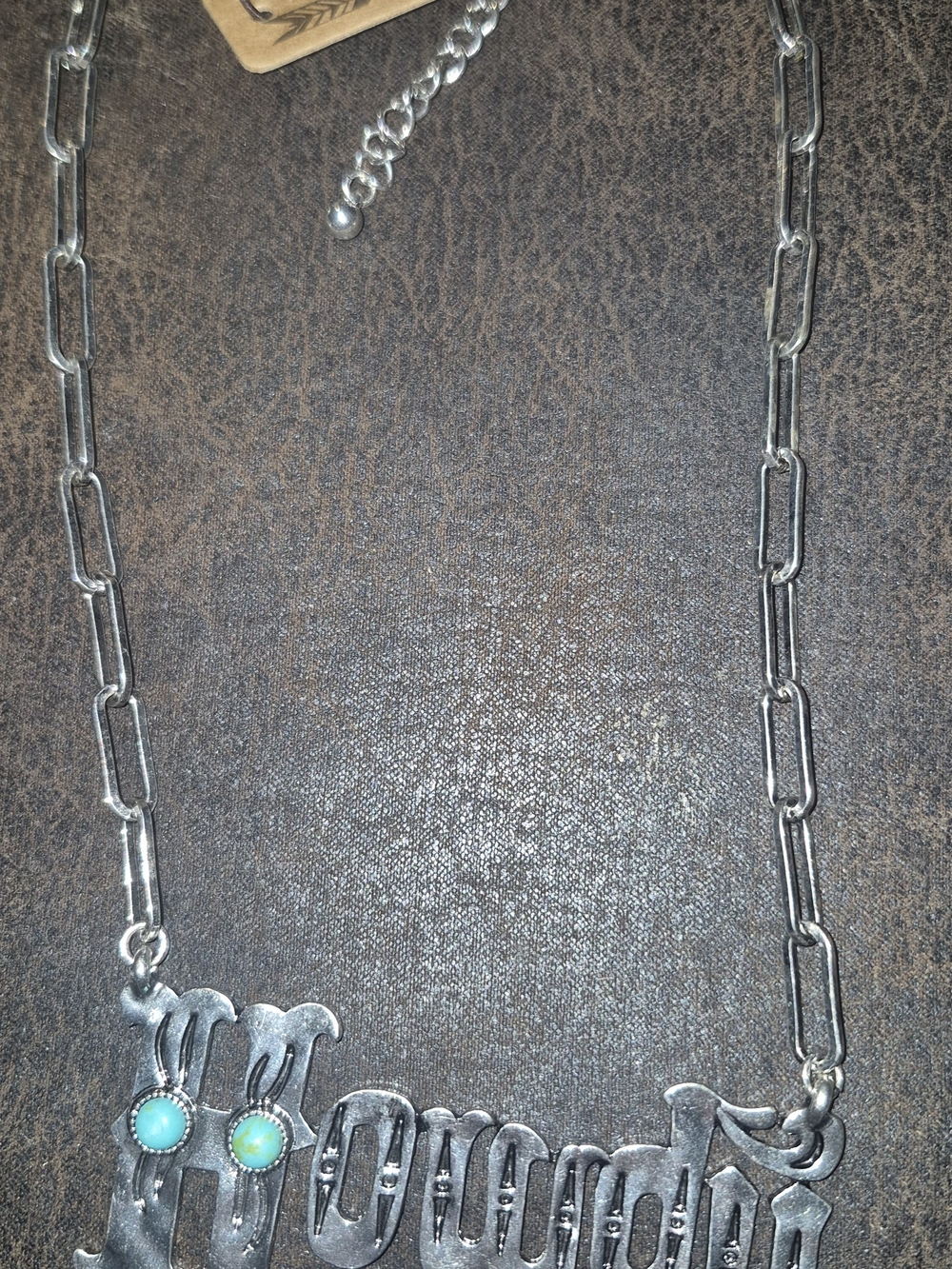 Silver-Tone 'Momma' Script Necklace with Turquoise Accents